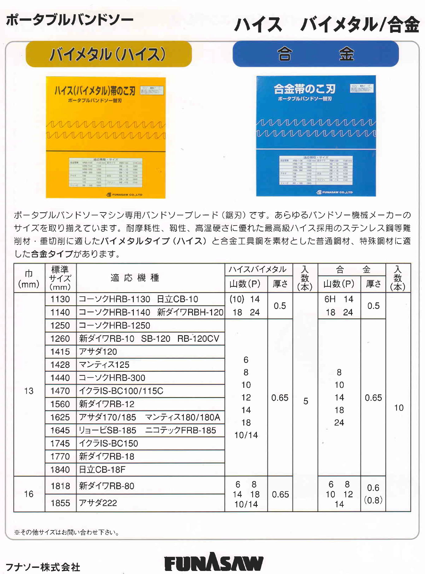 ・フナソー株式会社 ・ポータブルバンドソー　バイメタル（ハイス）/ハイス　バイメタル/合金