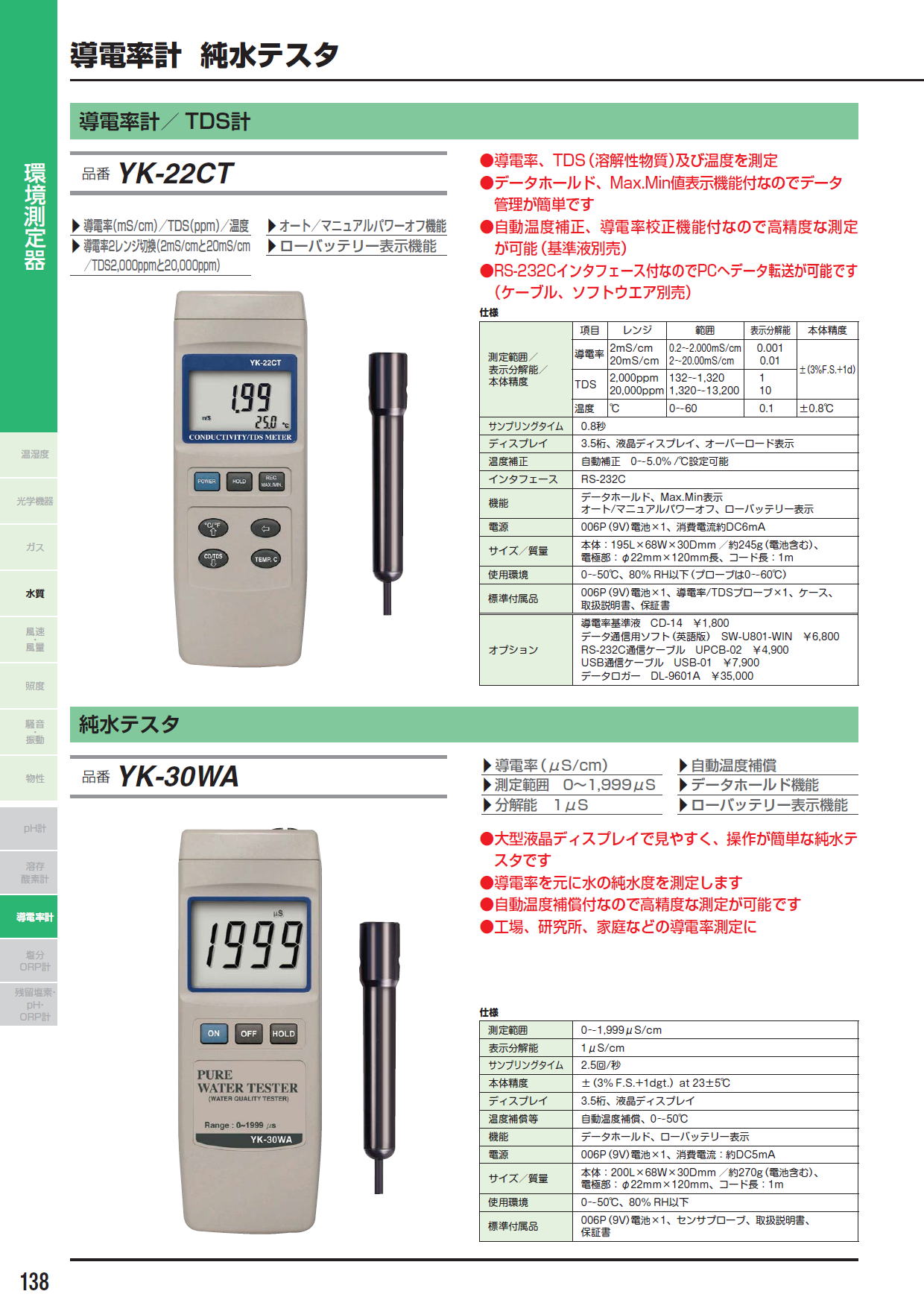 導電率計／ TDS計　YK-22CT / 純水テスタ　YK-30WA