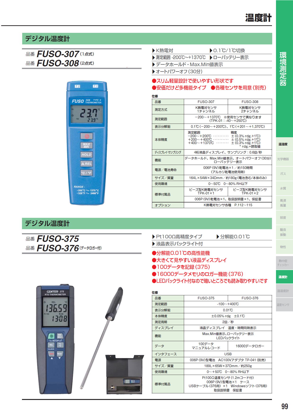 デジタル温度計　/FUSO-307（1点式）/FUSO-308（2点式）/FUSO-375/FUSO-376（データロガー付）/