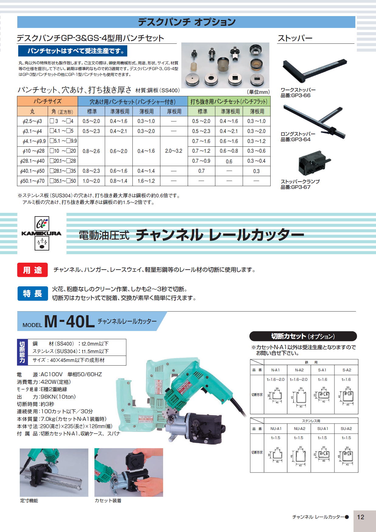 デスクパンチ オプション　デスクパンチGP-3&GS-4型用パンチセット(パンチセットはすべて受注生産です。)　電動油圧式 チャンネル レールカッター　M-40L