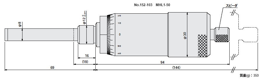 2022年春夏 ミツトヨ(Mitutoyo) MHL1-15(152-101) マイクロメータヘッド(高機能形) 1mmピッチタイプ ストレートステム  先端平面(超硬合金チップ付) 測定範囲：0〜15mm 計測、検査