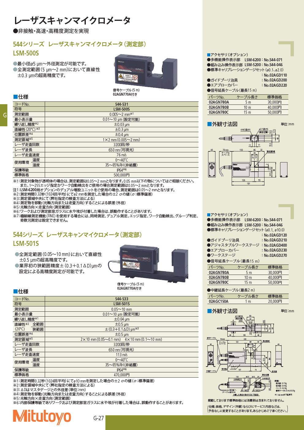 ミツトヨ　544シリーズ レーザスキャンマイクロメータ（測定部）　LSM-500S　/　LSM-501S