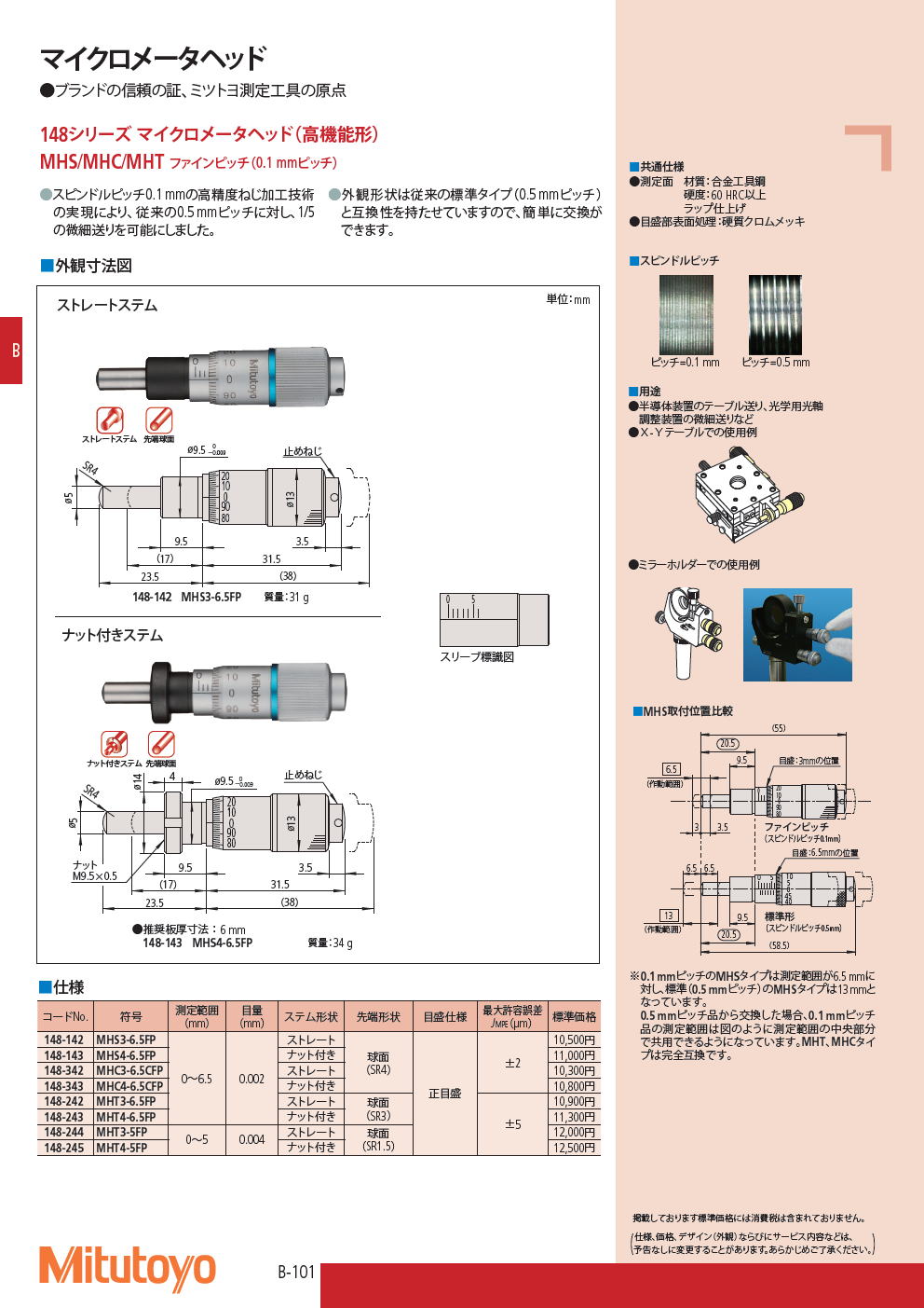 ミツトヨ　マイクロメータヘッド　148シリーズ マイクロメータヘッド（高機能形）　MHS/MHC/MHT ファインピッチ（0.1 mmピッチ）