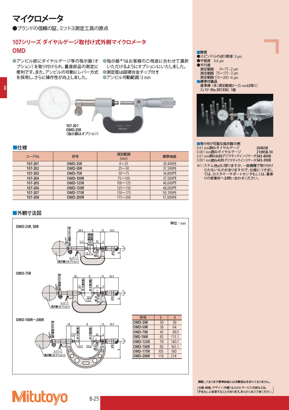 ミツトヨ　マイクロメータ　107シリーズ ダイヤルゲージ取付け式外側マイクロメータ　OMD