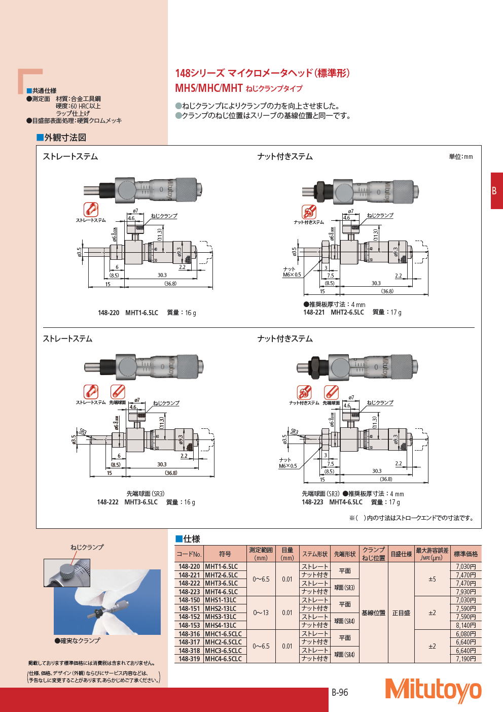 ミツトヨ　マイクロメータヘッド　148シリーズ マイクロメータヘッド（標準形）　MHS/MHC/MHT ねじクランプタイプ