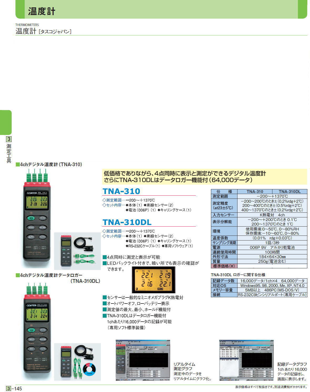 温度計 ［タスコジャパン］■防塵型デジタル温度計（TNA-930／930A／930B）/■4chデジタル温度計（TNA-310）/■4chデジタル温度計データロガー（TNA-310DL）