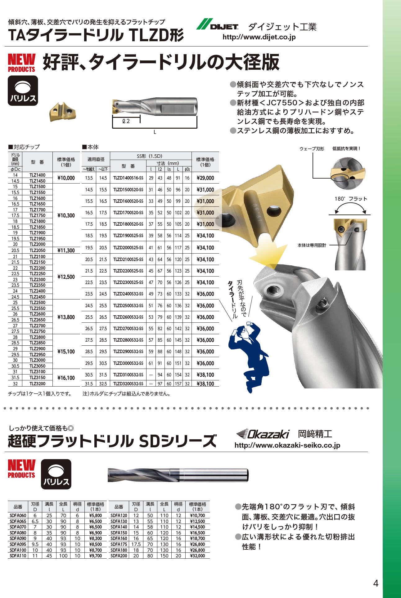 ダイジェット工業 DIJET TAタイラードリル TLZD形 / 岡崎精工 超硬フラットドリル SDシリーズ