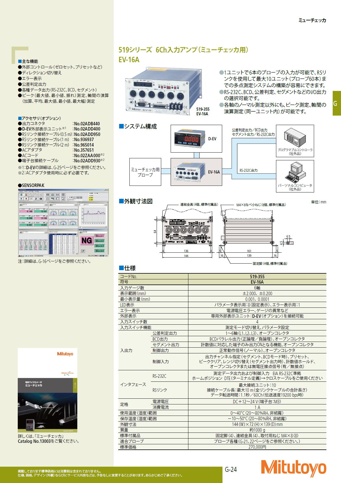 ミツトヨ　Mitutoyo　519シリーズ 6Ch入力アンプ（ミューチェッカ用）EV-16A