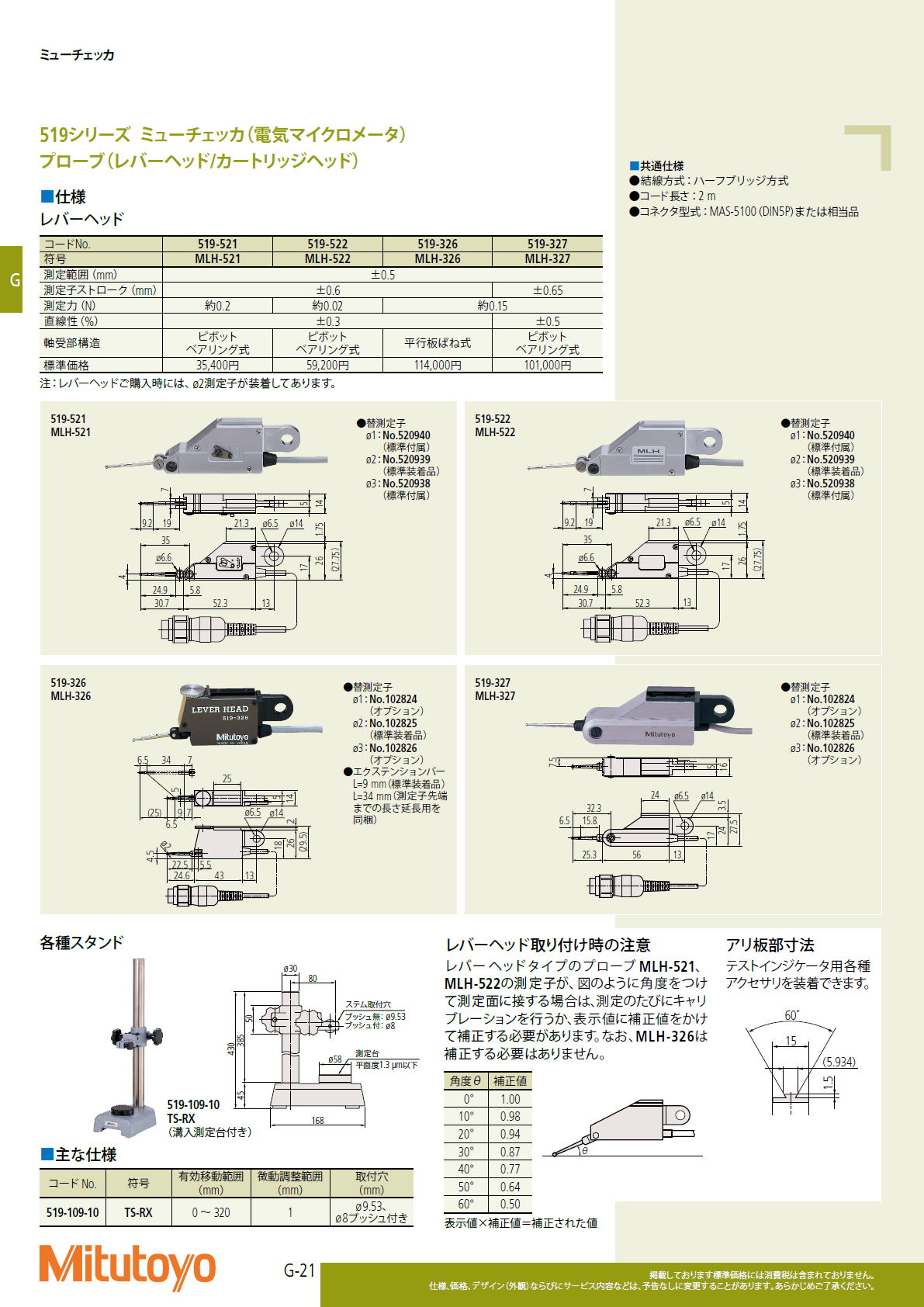 ミツトヨ　Mitutoyo　519シリーズ ミューチェッカ（電気マイクロメータ）プローブ（レバーヘッド/カートリッジヘッド）