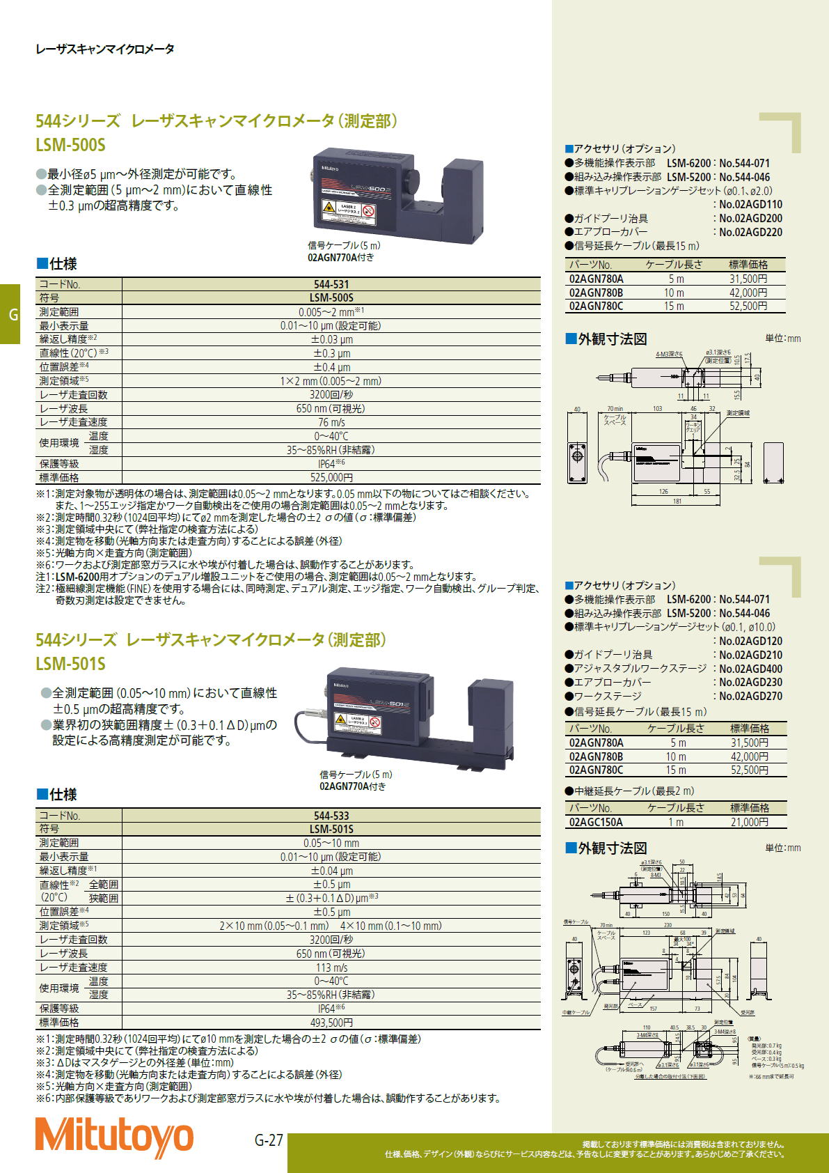 ミツトヨ　Mitutoyo　544シリーズ レーザスキャンマイクロメータ（測定部）LSM-500S　/　LSM-501S