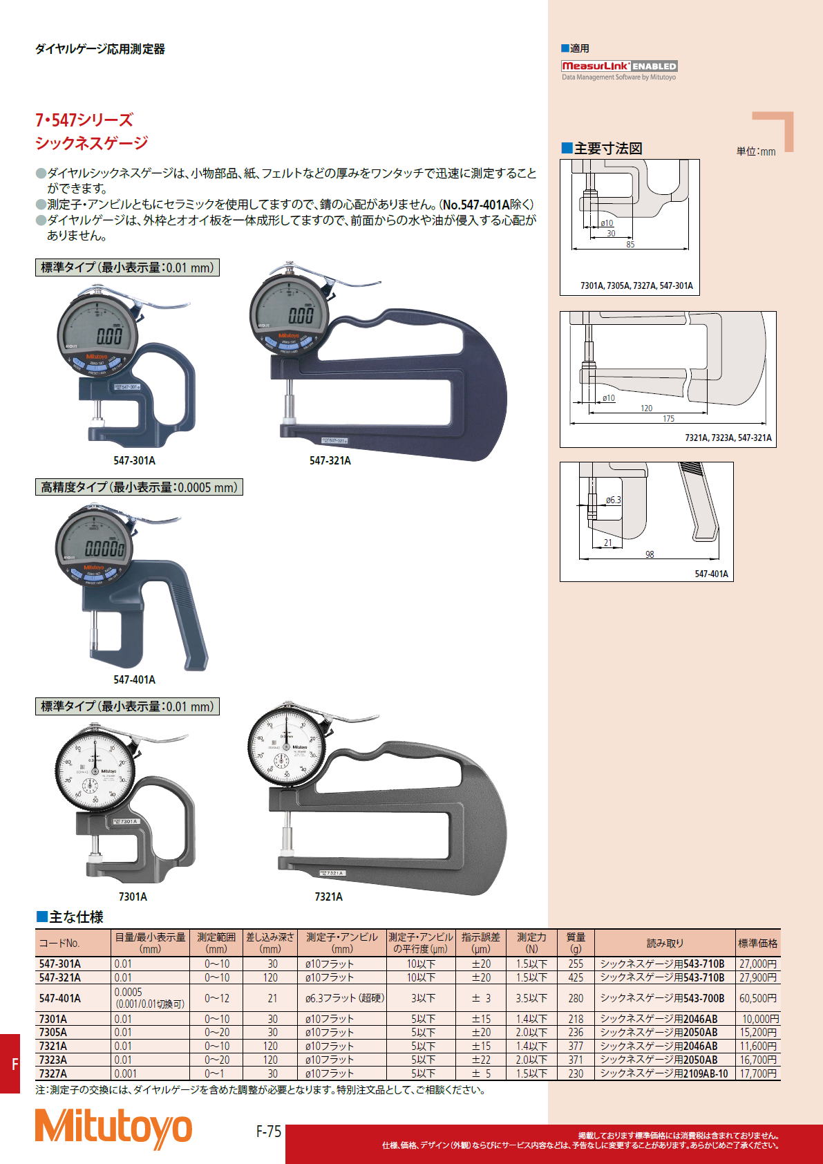 ミツトヨ　Mitutoyo　7・547シリーズ　シックネスゲージ　レンズメータ　パイプゲージ　ブレードシックネス