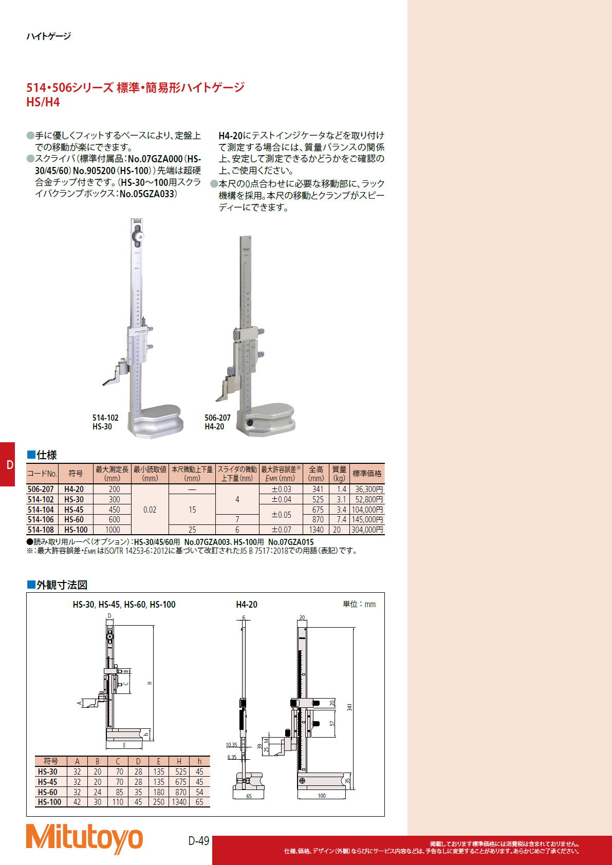 ミツトヨ　Mitutoyo　514・506シリーズ 標準・簡易形ハイトゲージ HS/H4