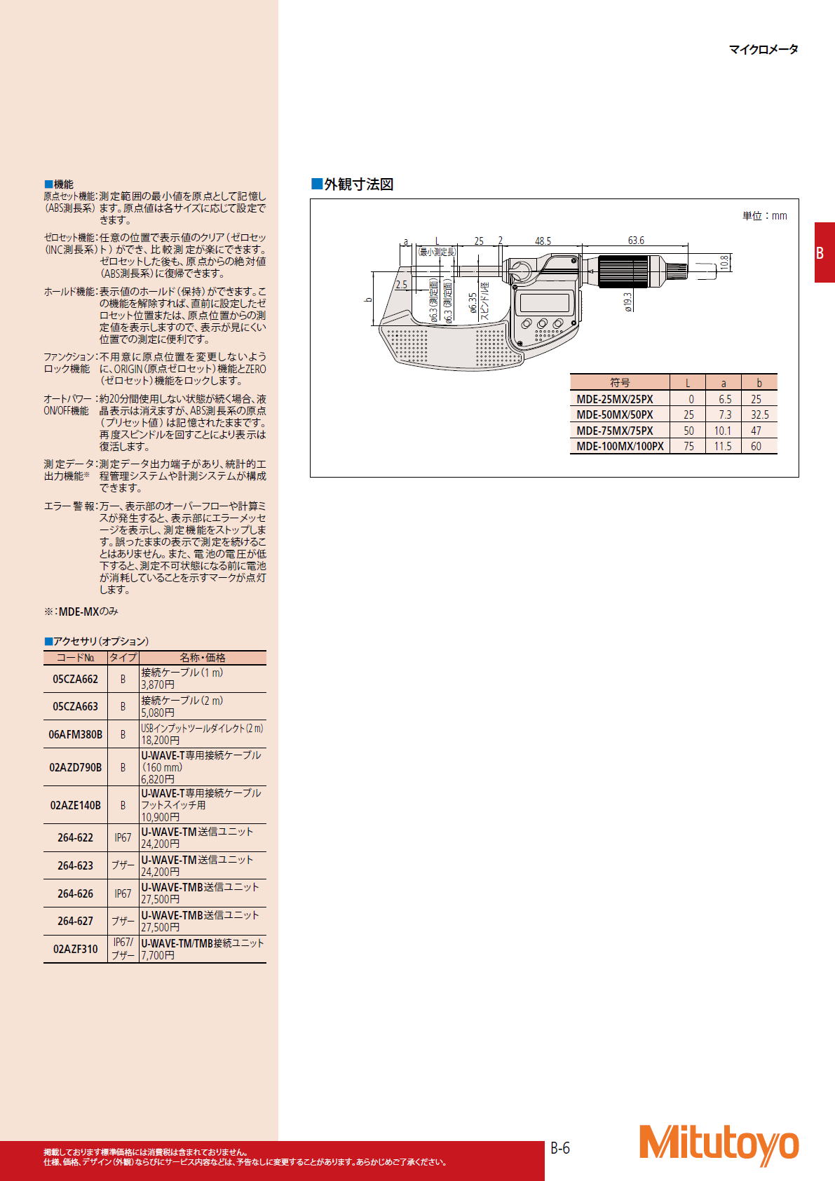 293シリーズ カンタマイク（シンブル1回転でスピンドルが2.0 mm移動）MDE-MX/PX