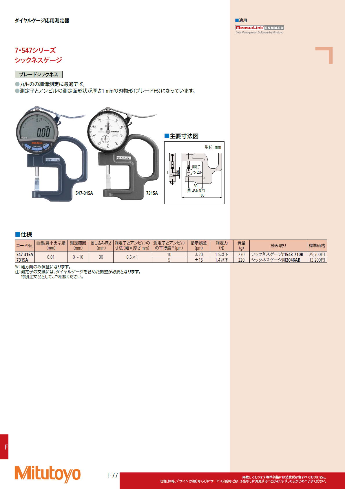 ミツトヨ　Mitutoyo　7・547シリーズ　シックネスゲージ　レンズメータ　パイプゲージ　ブレードシックネス