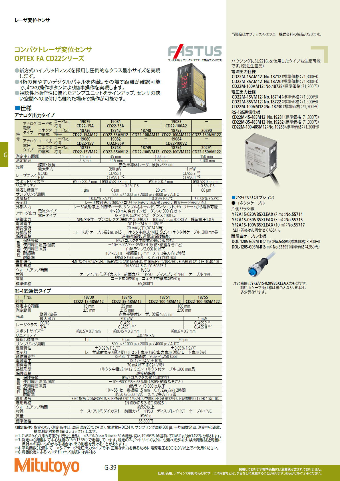 ミツトヨ　Mitutoyo　コンパクトレーザ変位センサ　OPTEX FA CD22シリーズ