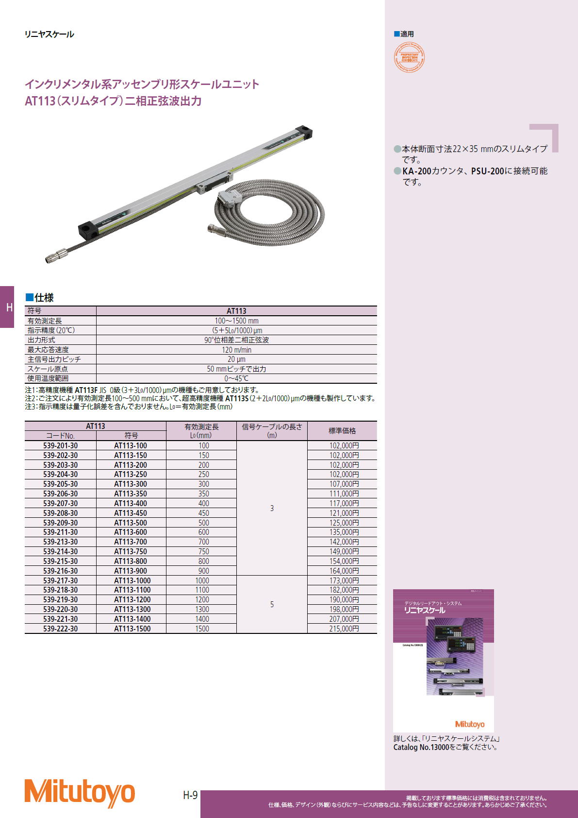 ミツトヨ　Mitutoyo　インクリメンタル系アッセンブリ形スケールユニット　AT113（スリムタイプ）二相正弦波出力