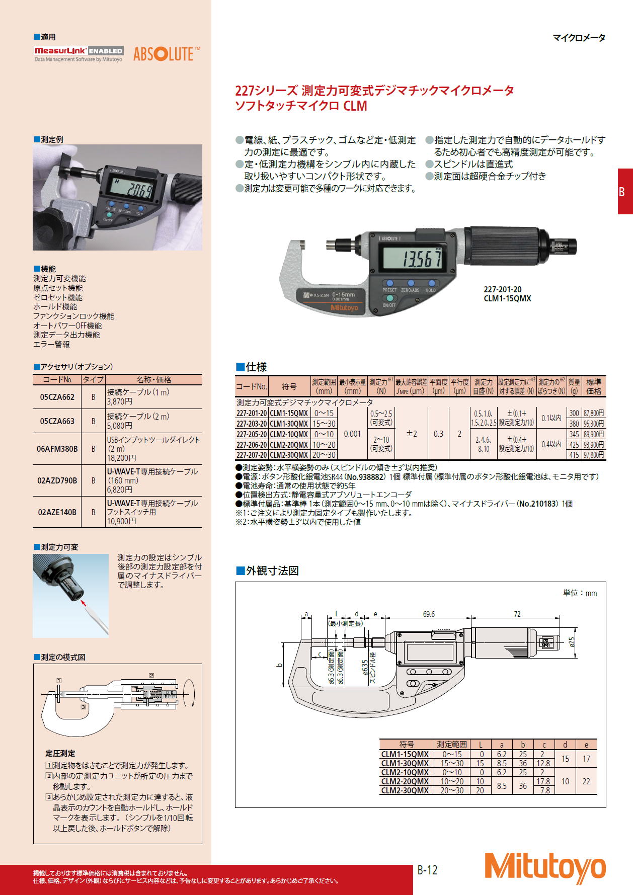 ミツトヨ Mitutoyo　227シリーズ 測定力可変式デジマチックマイクロメータ　ソフトタッチマイクロ CLM