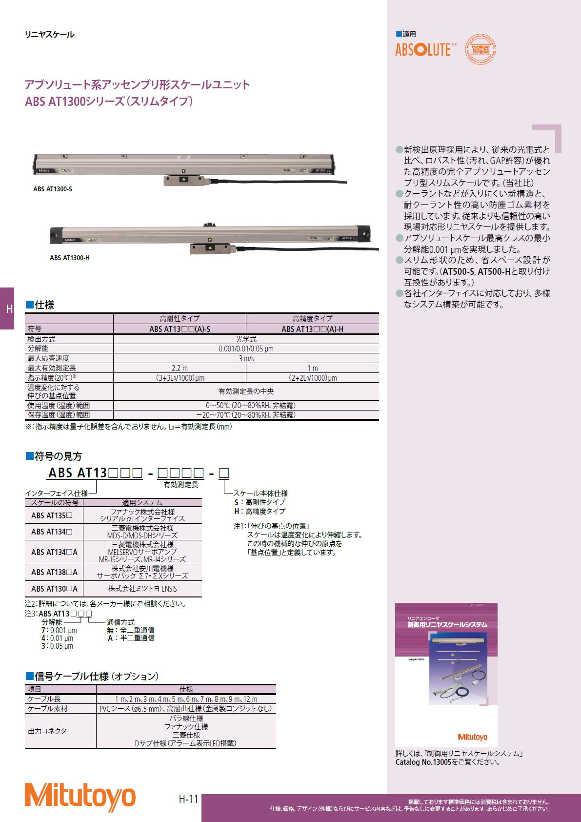 ミツトヨ　Mitutoyo　アブソリュート系アッセンブリ形スケールユニット　ABS AT1300シリーズ（スリムタイプ）