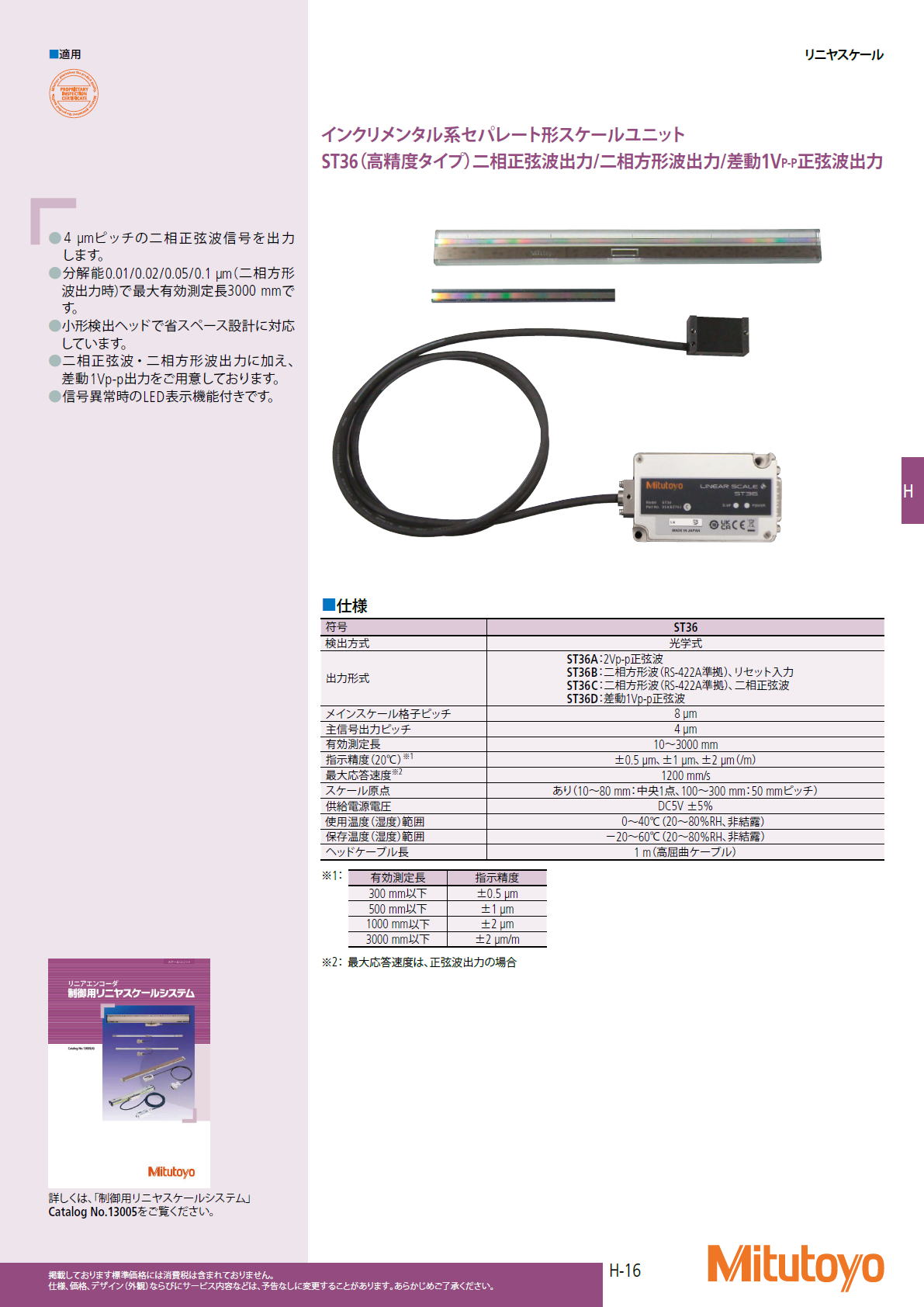 ミツトヨ　Mitutoyo　インクリメンタル系セパレート形スケールユニット　ST36（高精度タイプ）二相正弦波出力/二相方形波出力/差動1VP-P正弦波出力