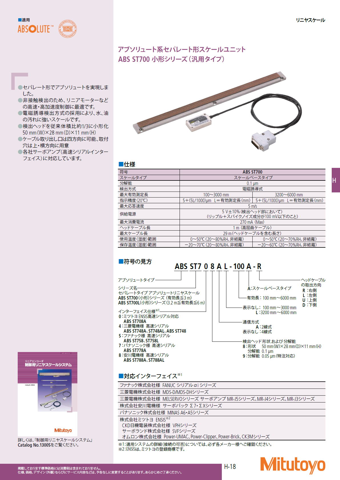 ミツトヨ　Mitutoyo　アブソリュート系セパレート形スケールユニット　ABS ST700 小形シリーズ（汎用タイプ）