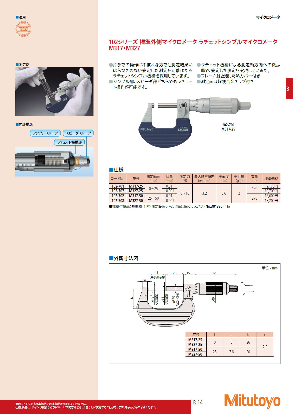 ミツトヨ Mitutoyo　102シリーズ 標準外側マイクロメータ ラチェットシンブルマイクロメータ　M317・M327