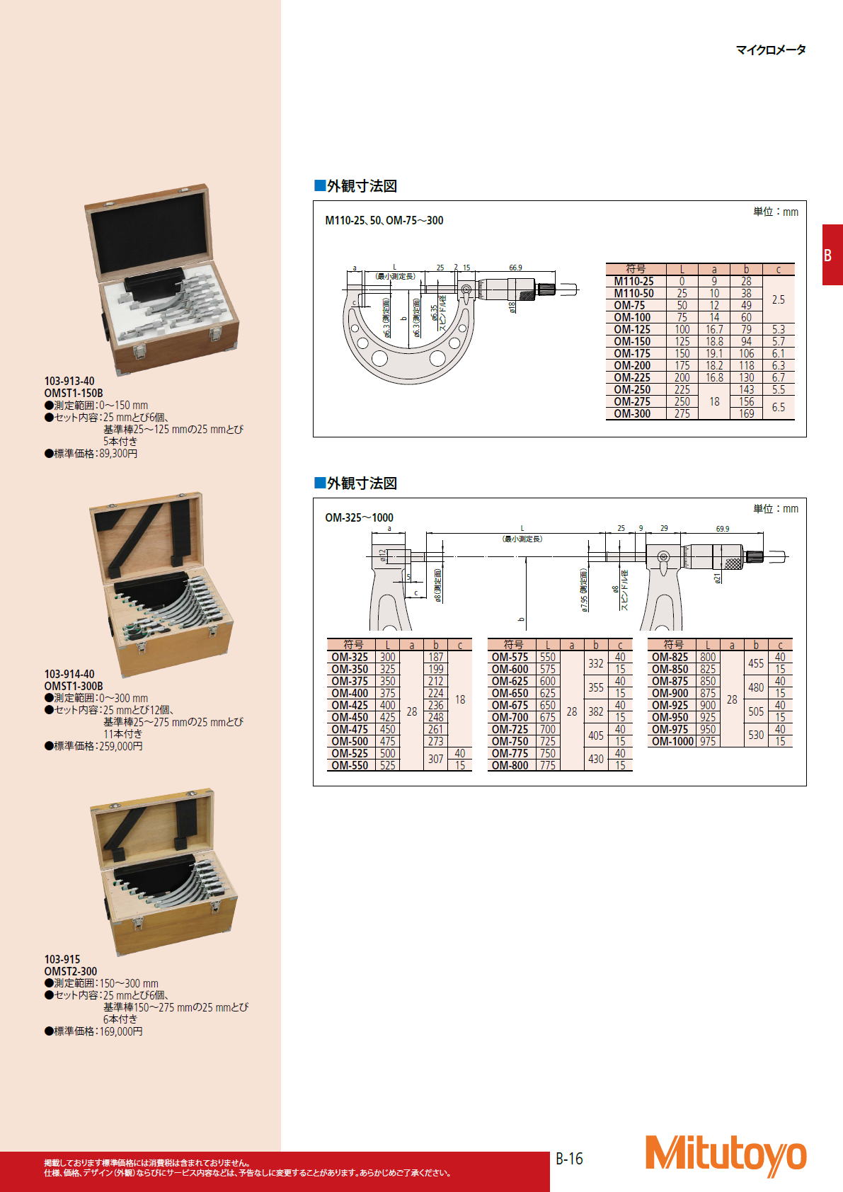 ミツトヨ Mitutoyo　103シリーズ 標準外側マイクロメータ　M110・OM JIS B 7502（対象商品は、M110-25、M110-50）