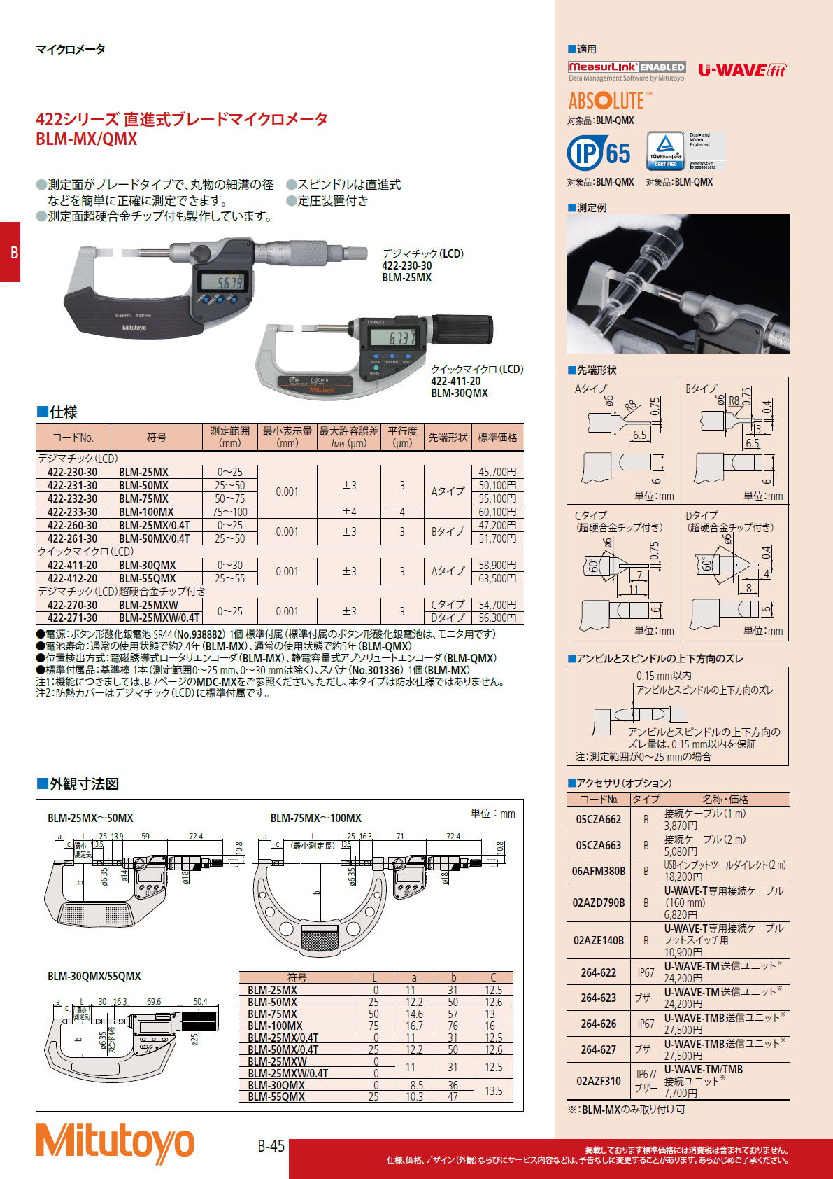 ミツトヨ Mitutoyo　422シリーズ 直進式ブレードマイクロメータ　BLM-MX/QMX