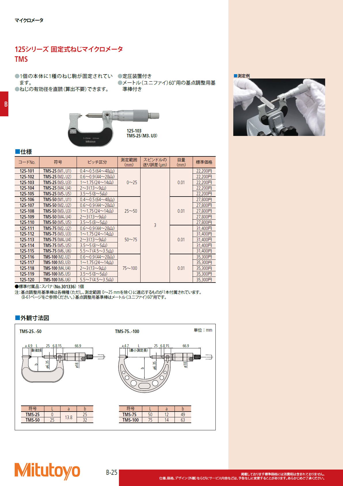 ミツトヨ Mitutoyo　125シリーズ 固定式ねじマイクロメータ　TMS