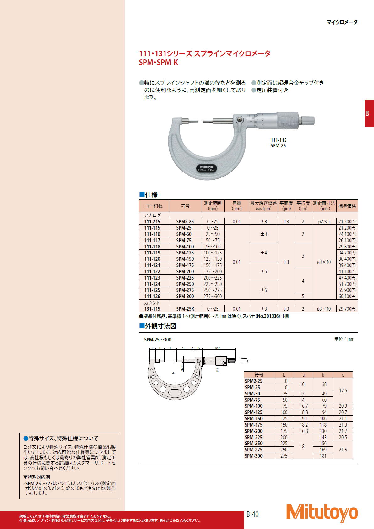 ミツトヨ Mitutoyo　111・131シリーズ スプラインマイクロメータ SPM・SPM-K