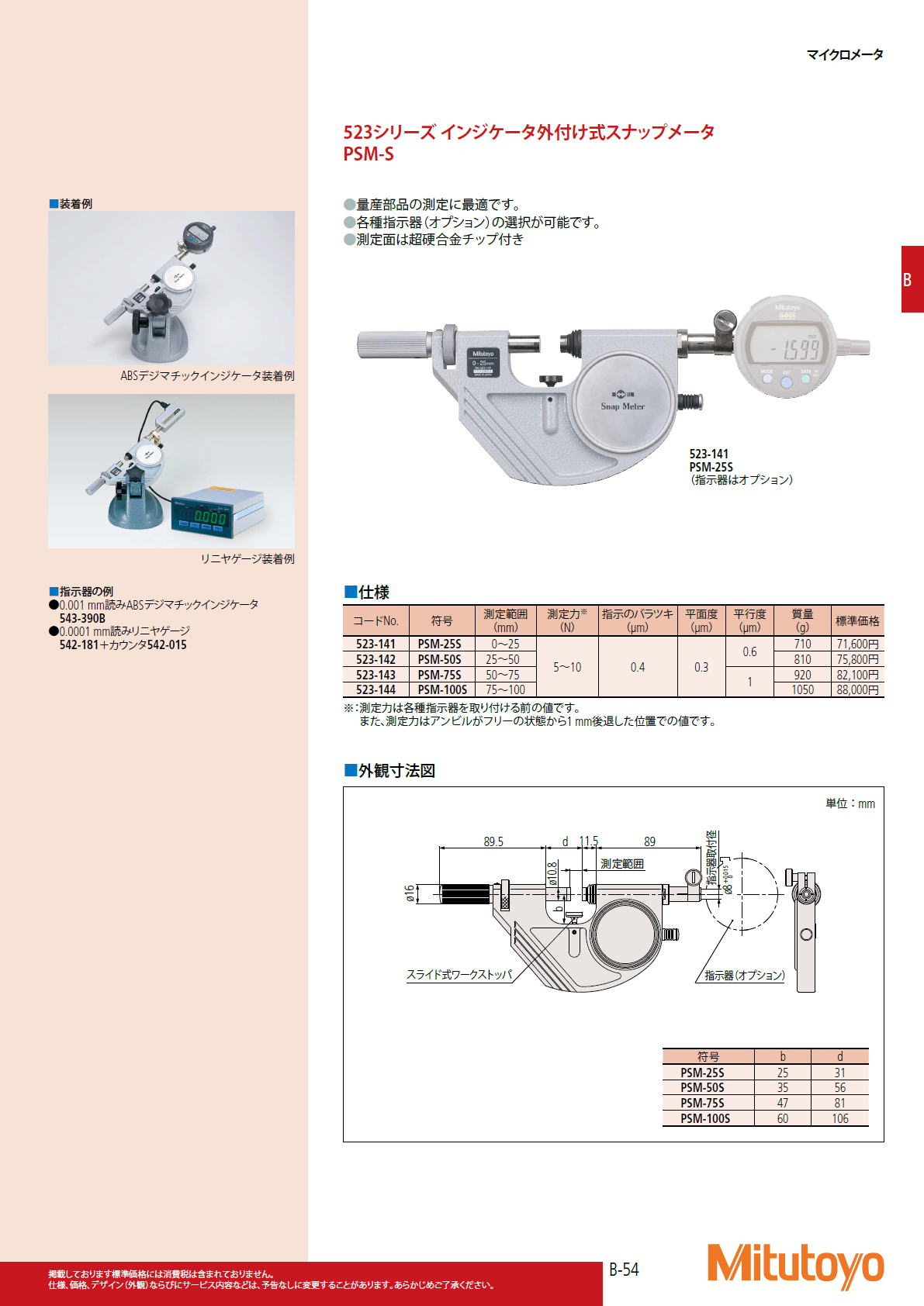 ミツトヨ Mitutoyo　523シリーズ インジケータ外付け式スナップメータ　PSM-S