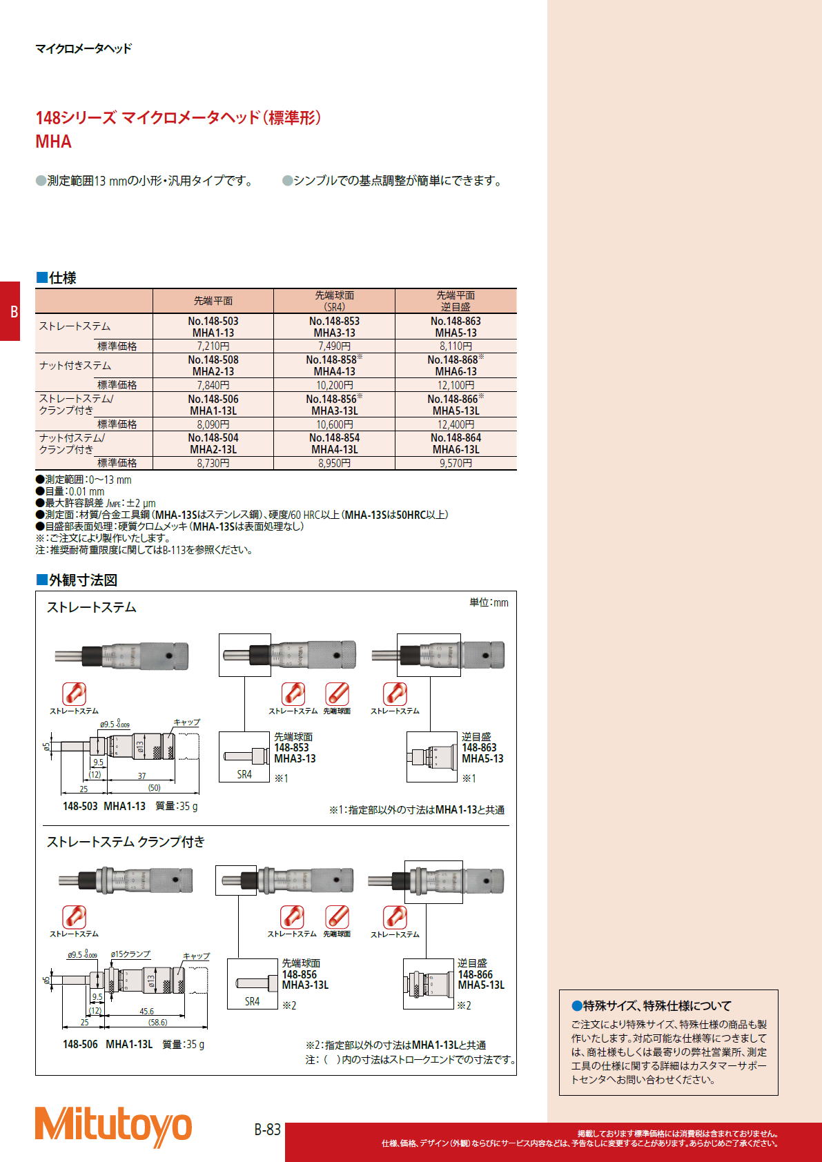 ミツトヨ Mitutoyo　148シリーズ マイクロメータヘッド（標準形） MHA