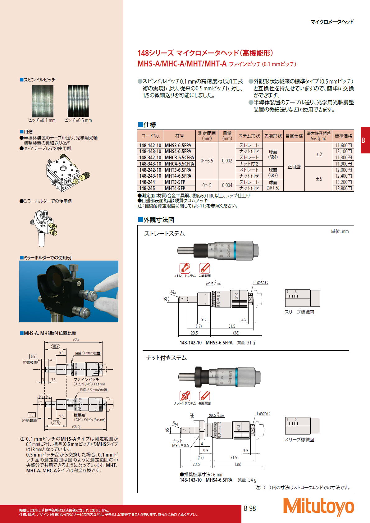 ミツトヨ Mitutoyo　148シリーズ マイクロメータヘッド（高機能形）MHS-A/MHC-A/MHT/MHT-A ファインピッチ（0.1 mmピッチ）