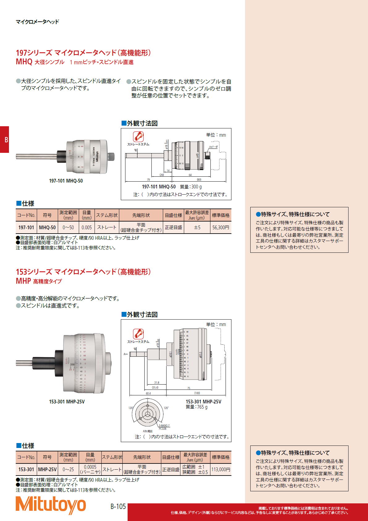 ミツトヨ Mitutoyo　153シリーズ マイクロメータヘッド（高機能形）MHP 高精度タイプ